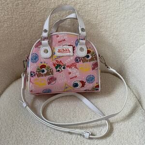Von Dutch Pink Mini Bowler Bag Crossbody Purse Y2K Eyeball Logo Print Top Handle